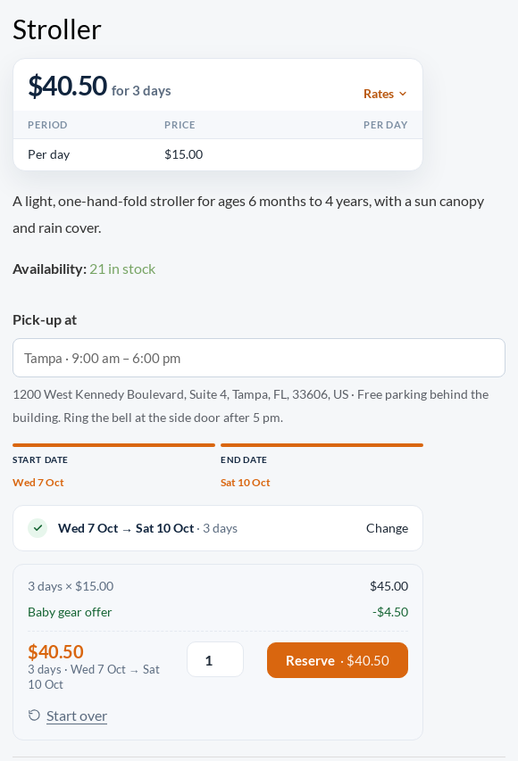 A stroller product page with Tampa chosen under Pick-up at, the store address and instructions, and a three-day rental priced with a location offer