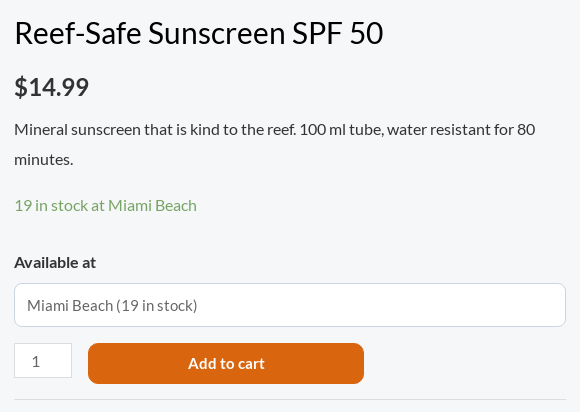 A sunscreen product page saying 19 in stock at Miami Beach, with Available at set to Miami Beach (19 in stock)