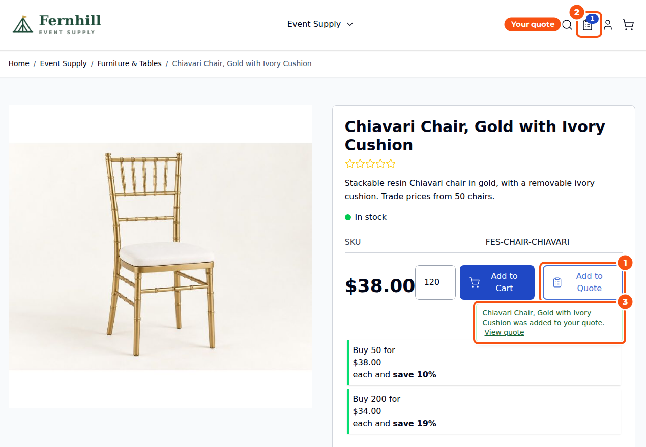 A product page on a Hyvä store showing a gold Chiavari chair with the price, quantity 120, Add to Cart and Add to Quote buttons, the message that the chair was added to the quote, and the quote icon in the header with a count of 1