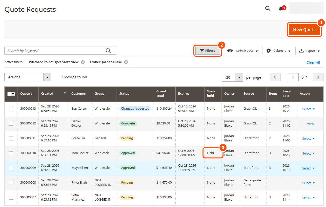 The Quote Requests grid filtered to one store view and one sales rep, listing seven quotes with their customers, groups, statuses Pending, Approved, Changes requested and Complete, totals, expiry dates, stock hold, owner, source, items and event date
