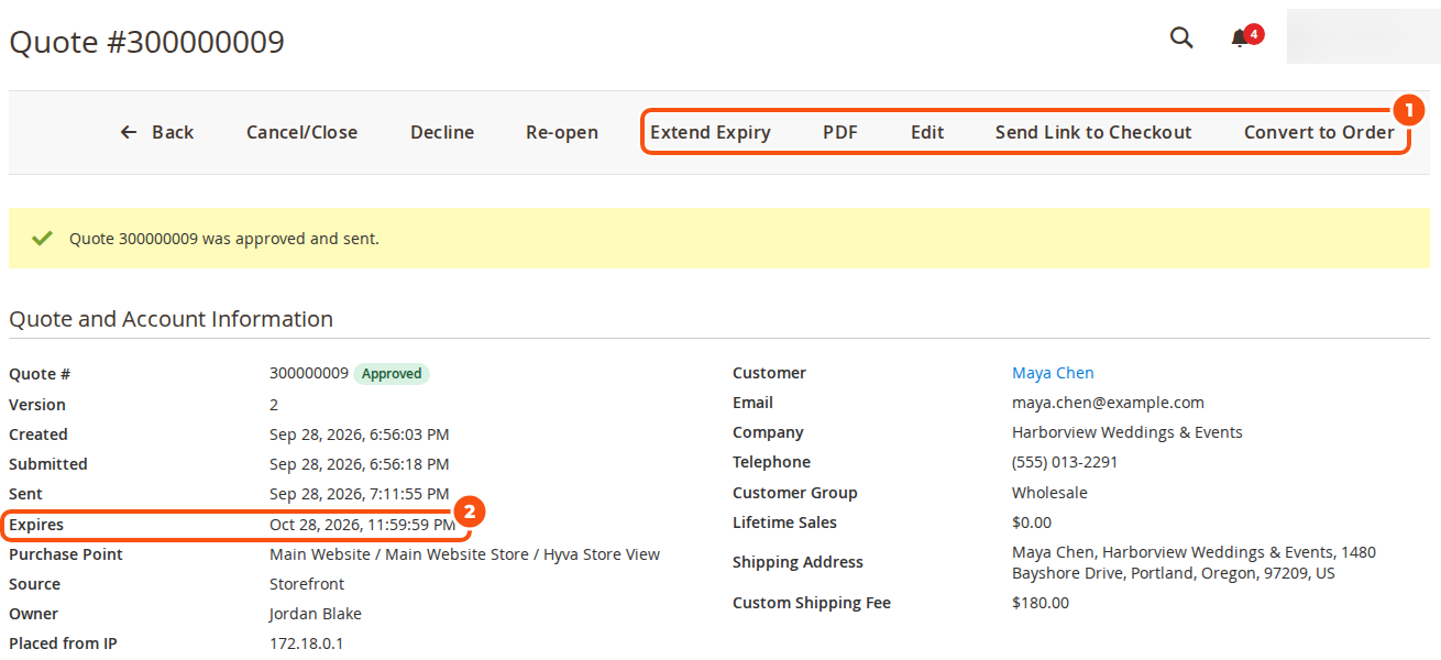 The admin page of an approved quote with the buttons Back, Cancel/Close, Decline, Re-open, Extend Expiry, PDF, Edit, Send Link to Checkout and Convert to Order, and the quote and account information including version, sent date, expiry, owner and a custom shipping fee