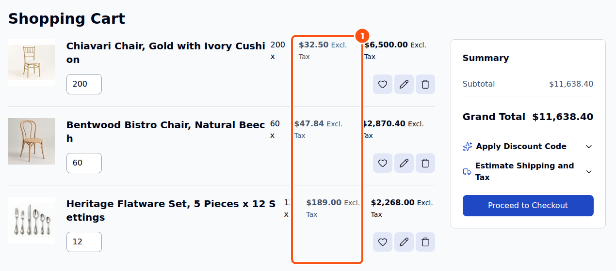 The shopping cart after moving an approved quote: 200 Chiavari chairs at 32.50 dollars, 60 bistro chairs at 47.84 dollars and 12 flatware sets at 189 dollars, with a subtotal of 11,638.40 dollars