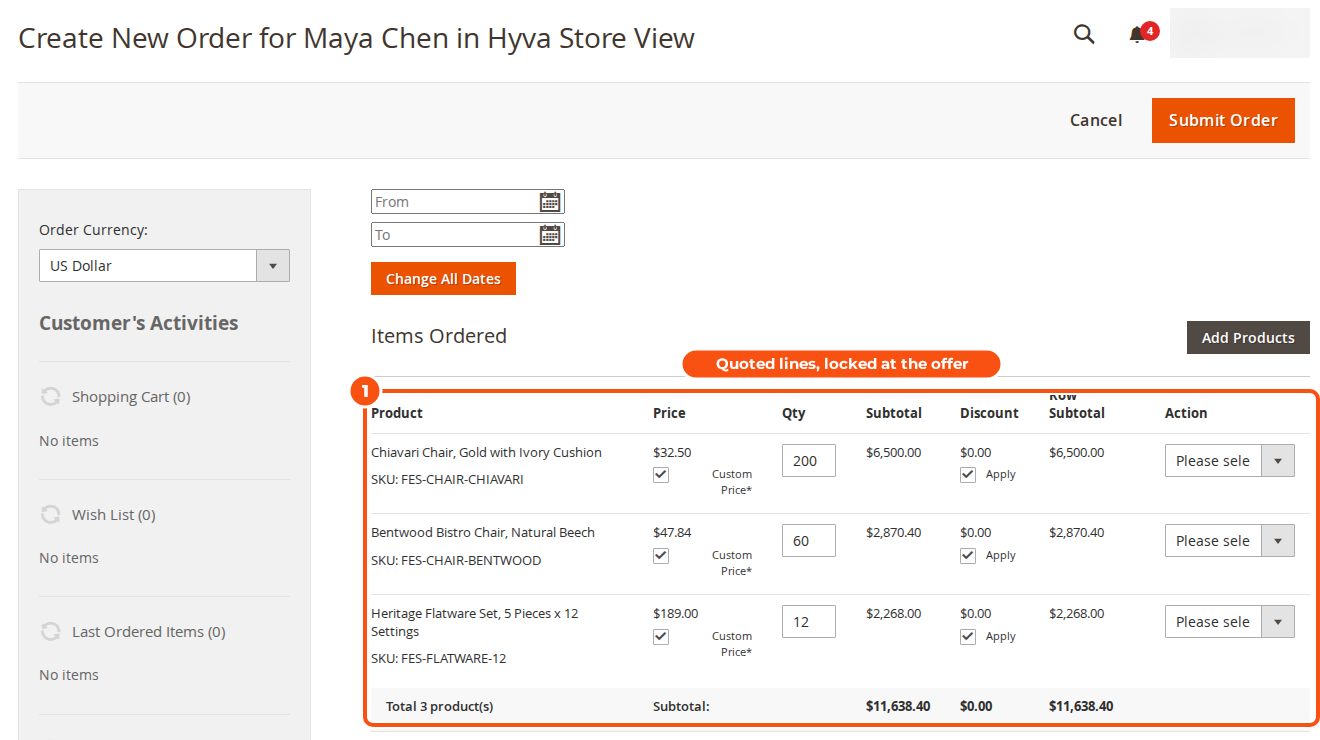 Create New Order opened from a quote for Maya Chen in the Hyvä store view, with the three quoted lines at their offered prices and the Custom Price boxes ticked