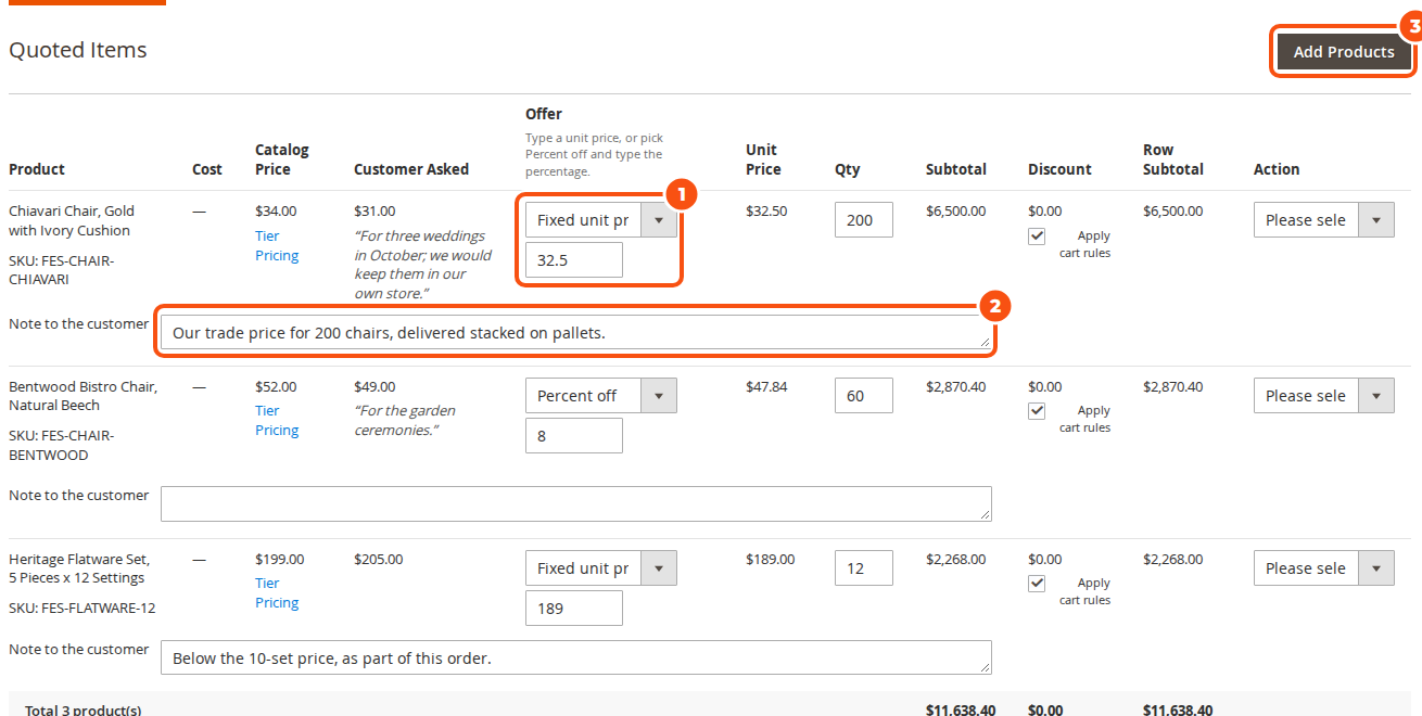 The quote editor's Quoted Items: each line has an Offer box with Fixed unit price or Percent off and a value, the customer's requested price and note, and a Note to the customer box under the line