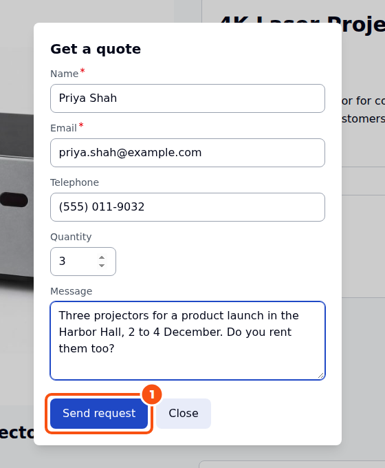 The Get a quote form over a projector product page, filled in with a name, an example.com email, a telephone number, a quantity of 3 and a message about a product launch