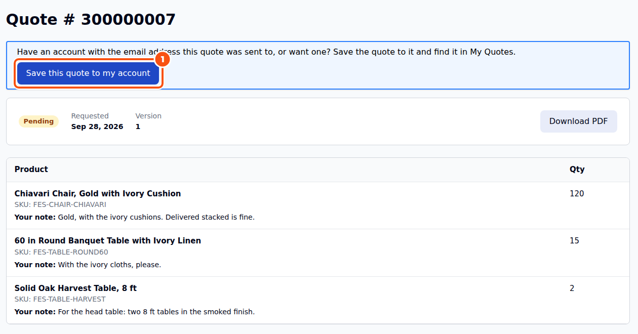 A guest's quote opened from its email link, with a banner offering Save this quote to my account, the status Pending, and the three requested products with the guest's notes