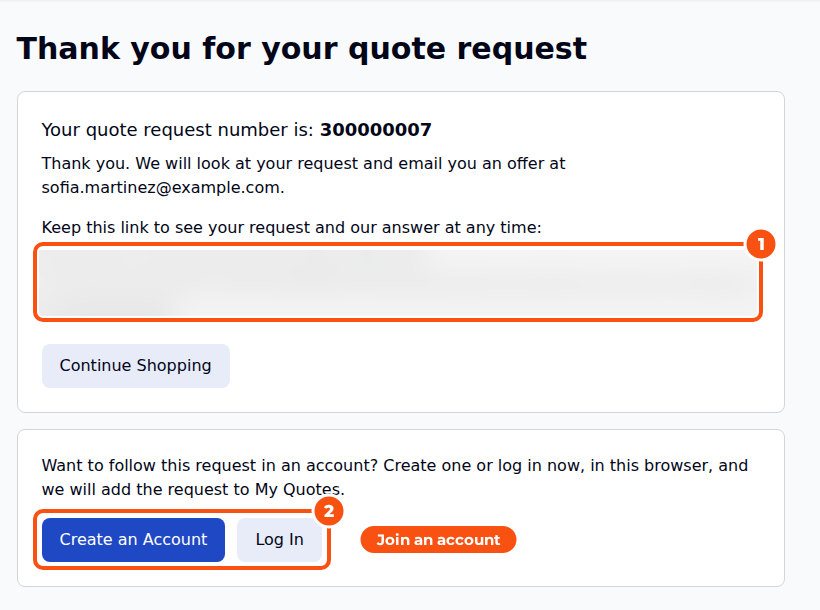 The success page after a guest sent a quote request, with the quote number, a private link to the quote (blurred here) and buttons to create an account or log in