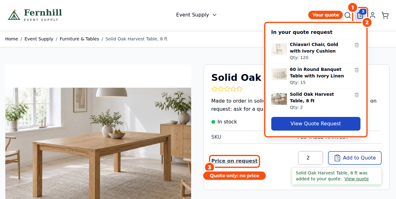 The header quote dropdown open on a product page, listing a Chiavari chair, a round banquet table and an oak harvest table with their quantities, and a View Quote Request button