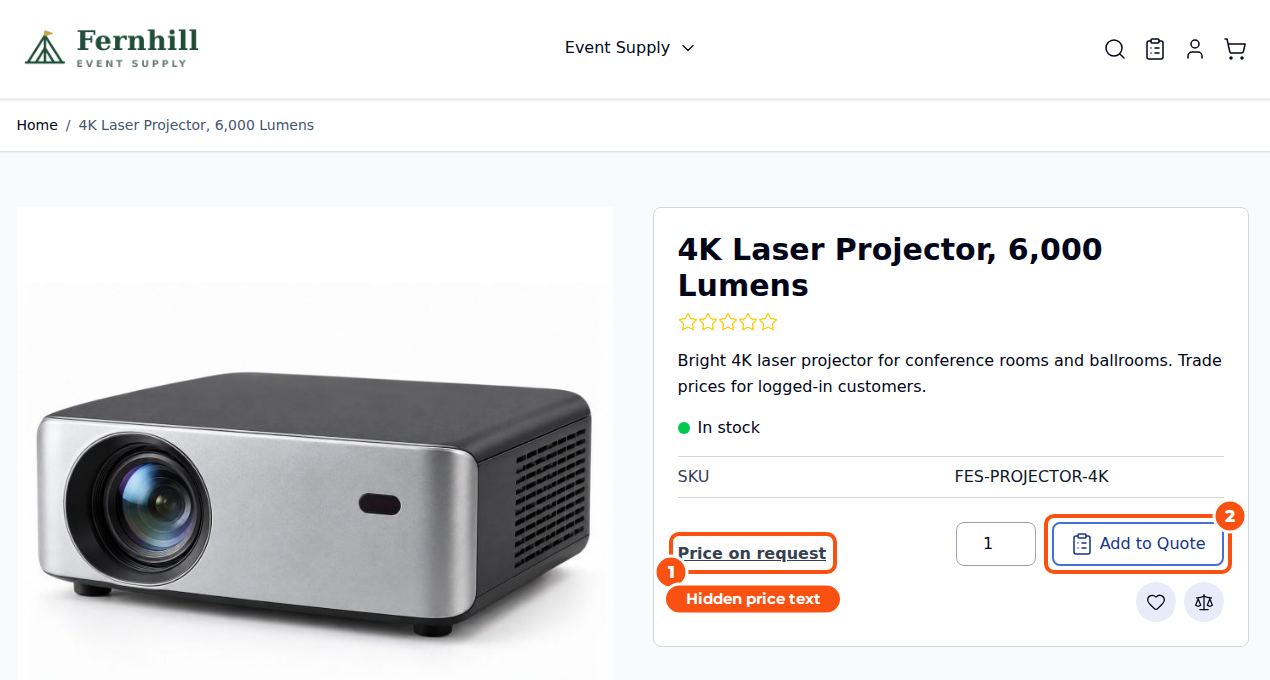 A 4K laser projector product page seen by a guest: the price is replaced by Price on request, Add to Cart is gone and Add to Quote is shown
