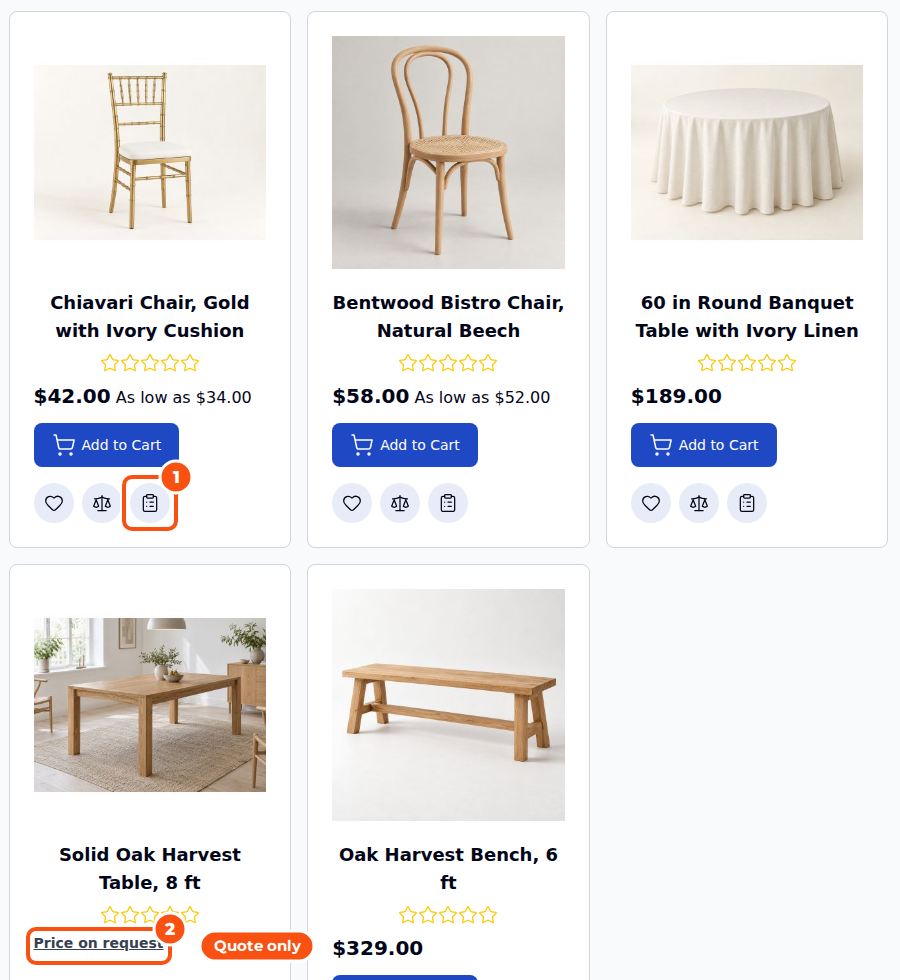 A category page of event furniture on a Hyvä store, with an Add to Quote icon under each product's Add to Cart button and one product showing Price on request instead of a price