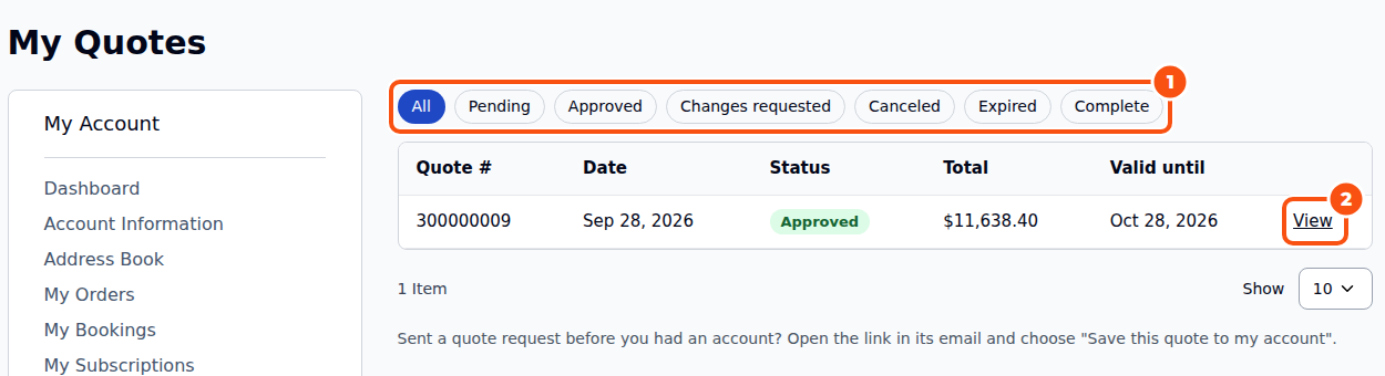 My Quotes in a customer account on a Hyvä store: tabs for All, Pending, Approved, Changes requested, Canceled, Expired and Complete, and one approved quote with its date, total and valid-until date