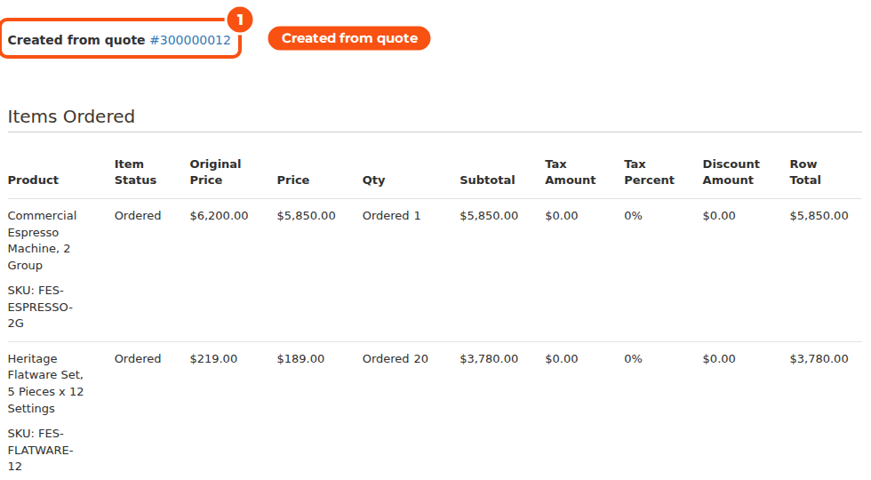 An order's page in the admin showing Created from quote #300000012 above the ordered items, with the original price and the quoted price of each item