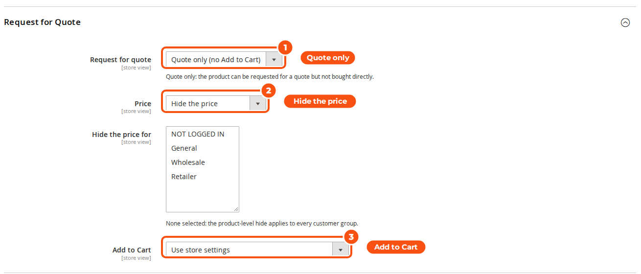 The Request for Quote tab of a product set to Quote only, with its price hidden and Add to Cart on the store settings