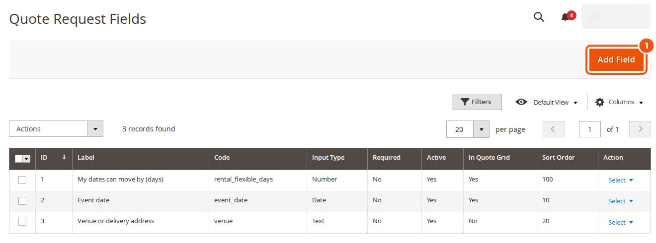 The Quote Request Fields grid listing three fields: My dates can move by (days), Event date and Venue or delivery address, with their codes, input types, required, active and in-grid settings