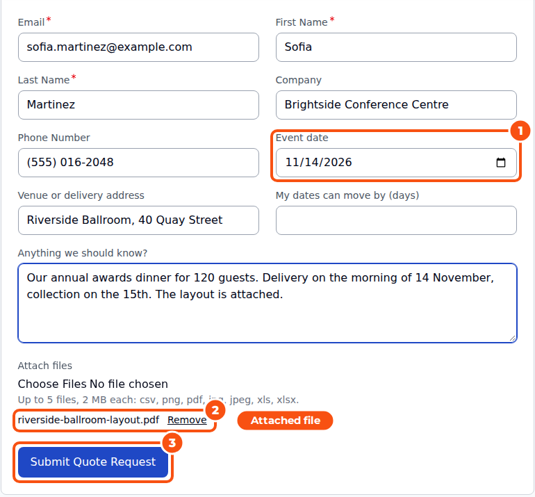 The request form filled in by a guest: email, first and last name, company, telephone, an event date and a venue address as custom fields, a message about an awards dinner for 120 guests, a PDF layout attached, and the Submit Quote Request button