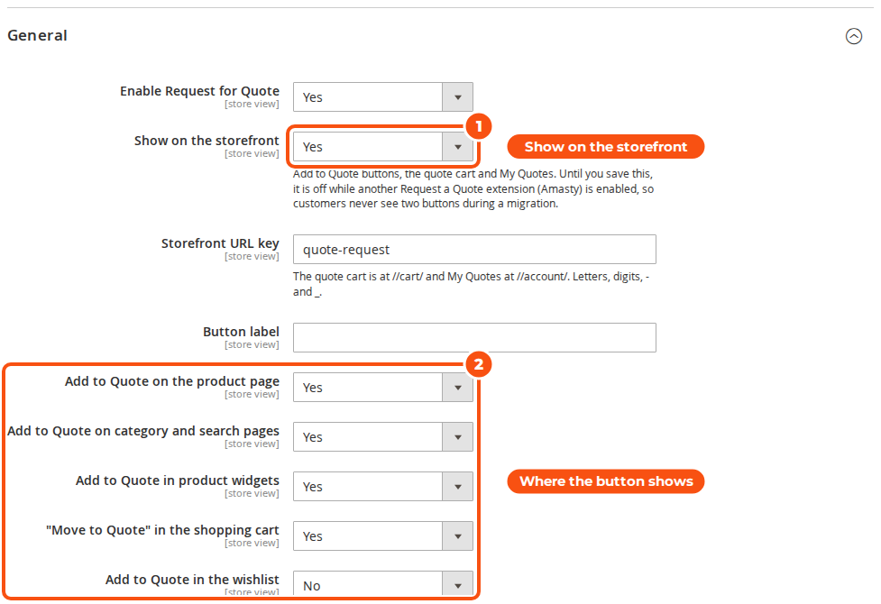 The General settings of Request for Quote with Show on the storefront set to Yes and the Add to Quote settings for the product page, category and search pages, product widgets, the shopping cart and the wishlist