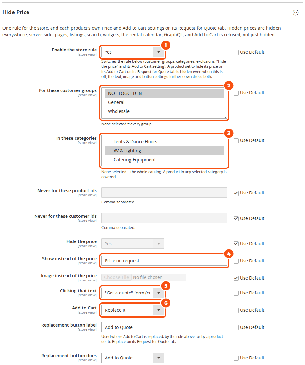 The Hide Price settings at website scope: the store rule enabled for NOT LOGGED IN in the AV and Lighting category, Price on request as the text, clicking it opens the Get a quote form, and Add to Cart replaced by an Add to Quote button