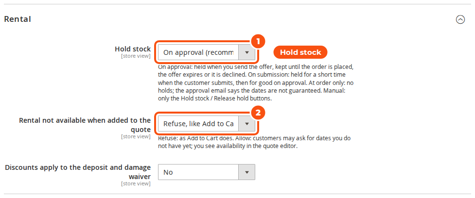 The Rental settings of Request for Quote: Hold stock set to On approval, Rental not available when added to the quote set to Refuse, and Discounts apply to the deposit and damage waiver set to No