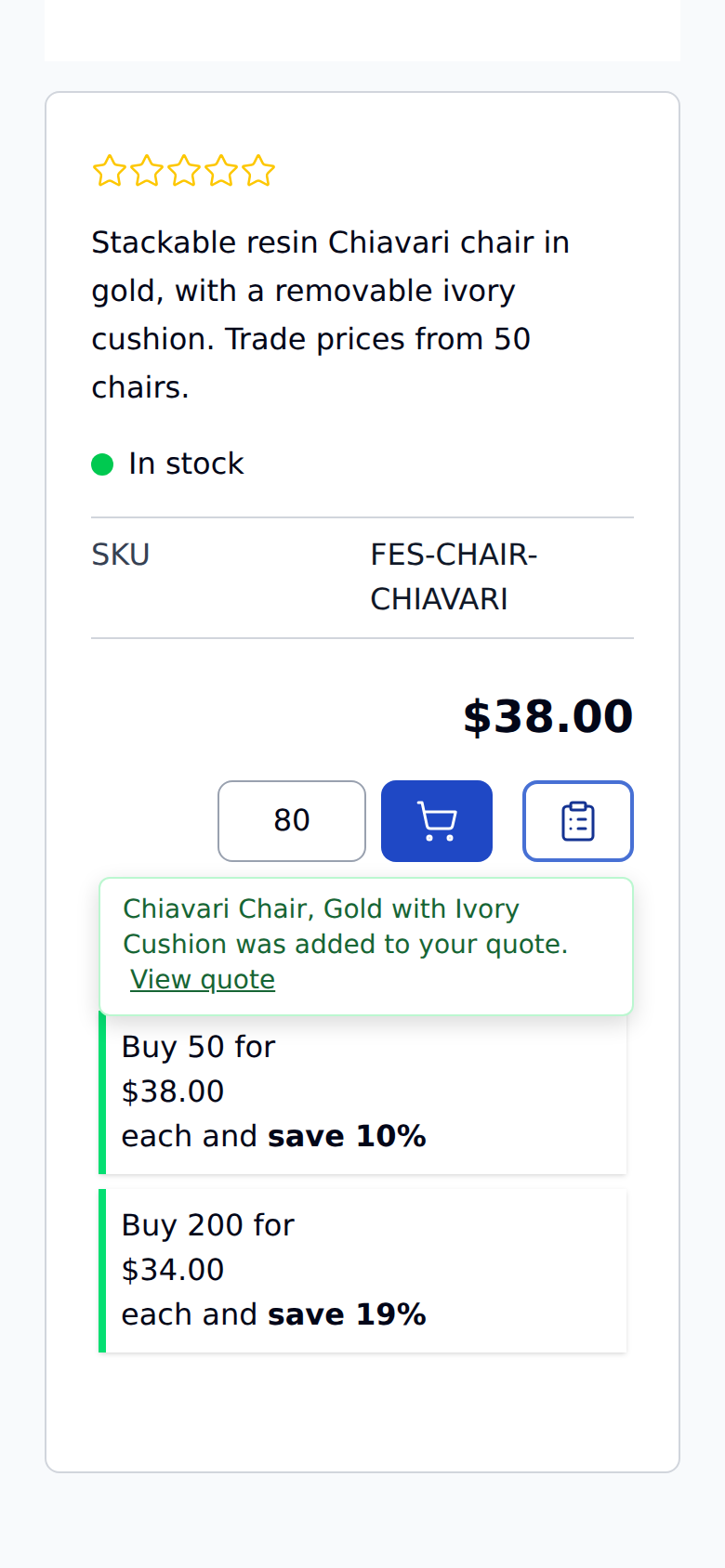 The same product page further down on a phone, with the price, quantity 80, the cart and quote buttons and the message that the chair was added to the quote