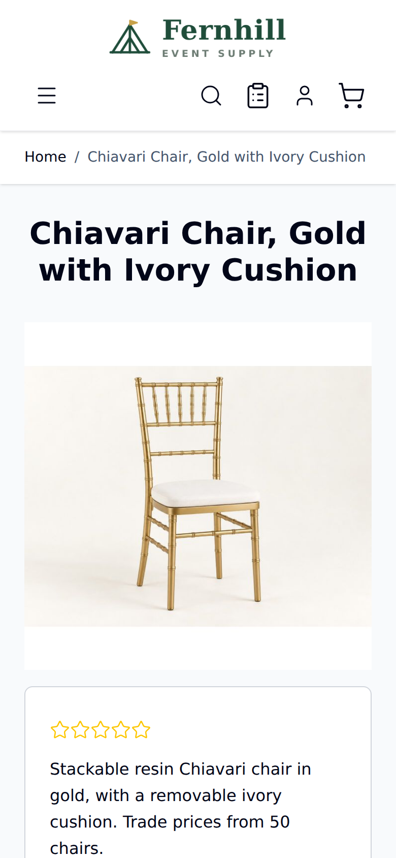 A Hyvä product page on a phone: the store header, the product title and a photo of a gold Chiavari chair