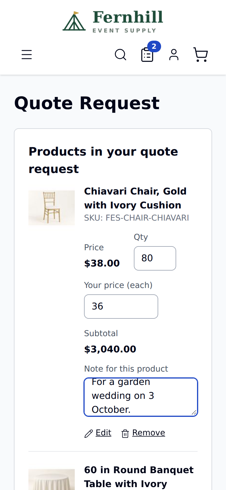 The quote cart on a phone with 80 Chiavari chairs, a requested price of 36 dollars and a note, and 10 round banquet tables