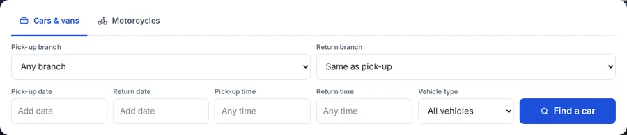 Car hire search with Pick-up branch and Return branch selects from the Multi Location Inventory plugin