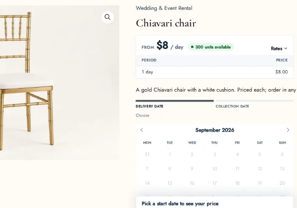 A Chiavari chair product page on the party rental demo, $8 a day with 300 available