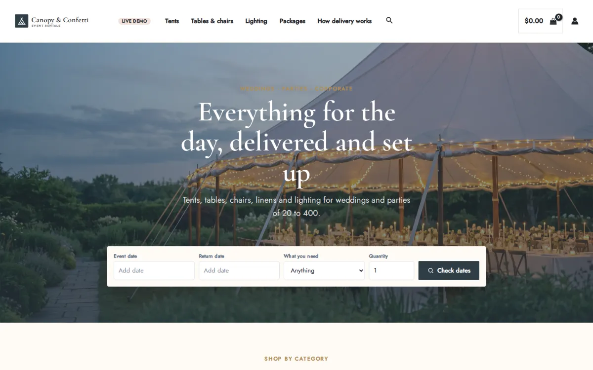 Party rental software on the live demo: the Canopy & Confetti event rentals homepage with an event date, what you need and quantity search