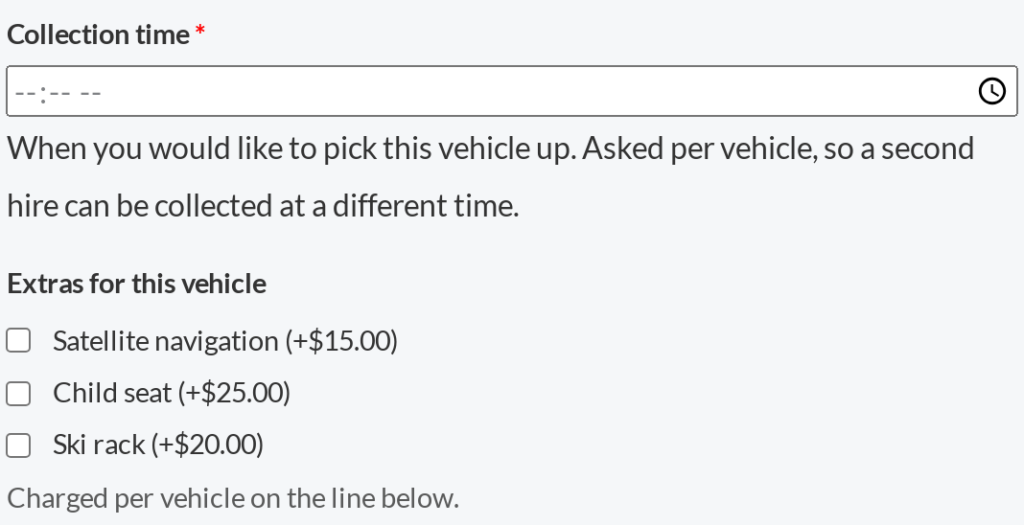 Custom fields shown on a WooCommerce rental product page, asking for a collection time and priced extras before add to cart