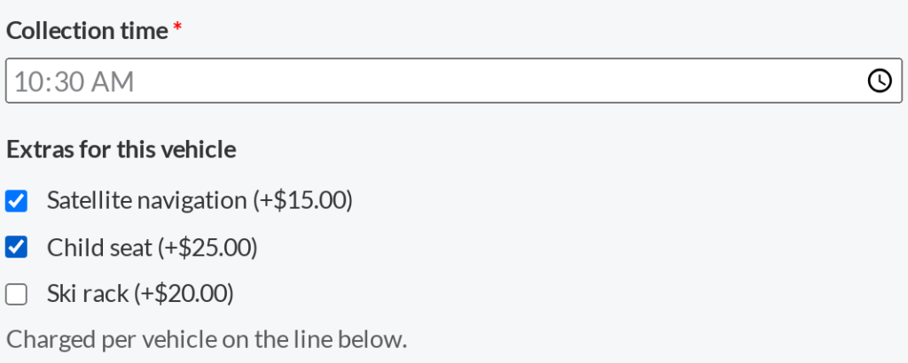 Custom fields on a WooCommerce rental product page, with a collection time and two priced extras selected