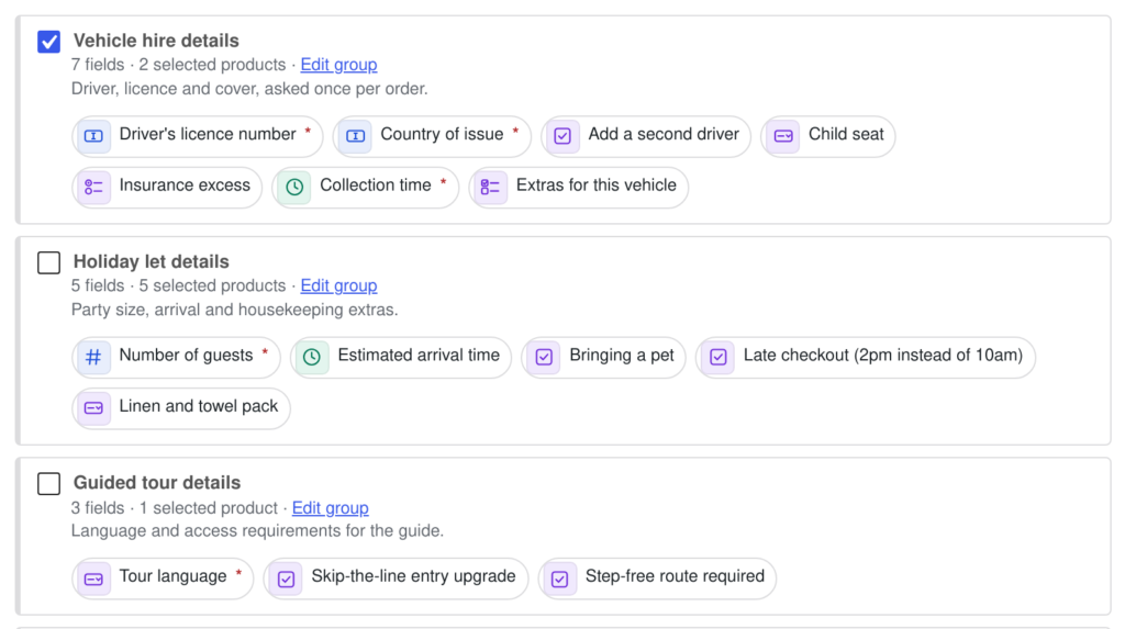 The Custom Fields tab in the WooCommerce product data box, applying field groups to a rental product and adding a new field