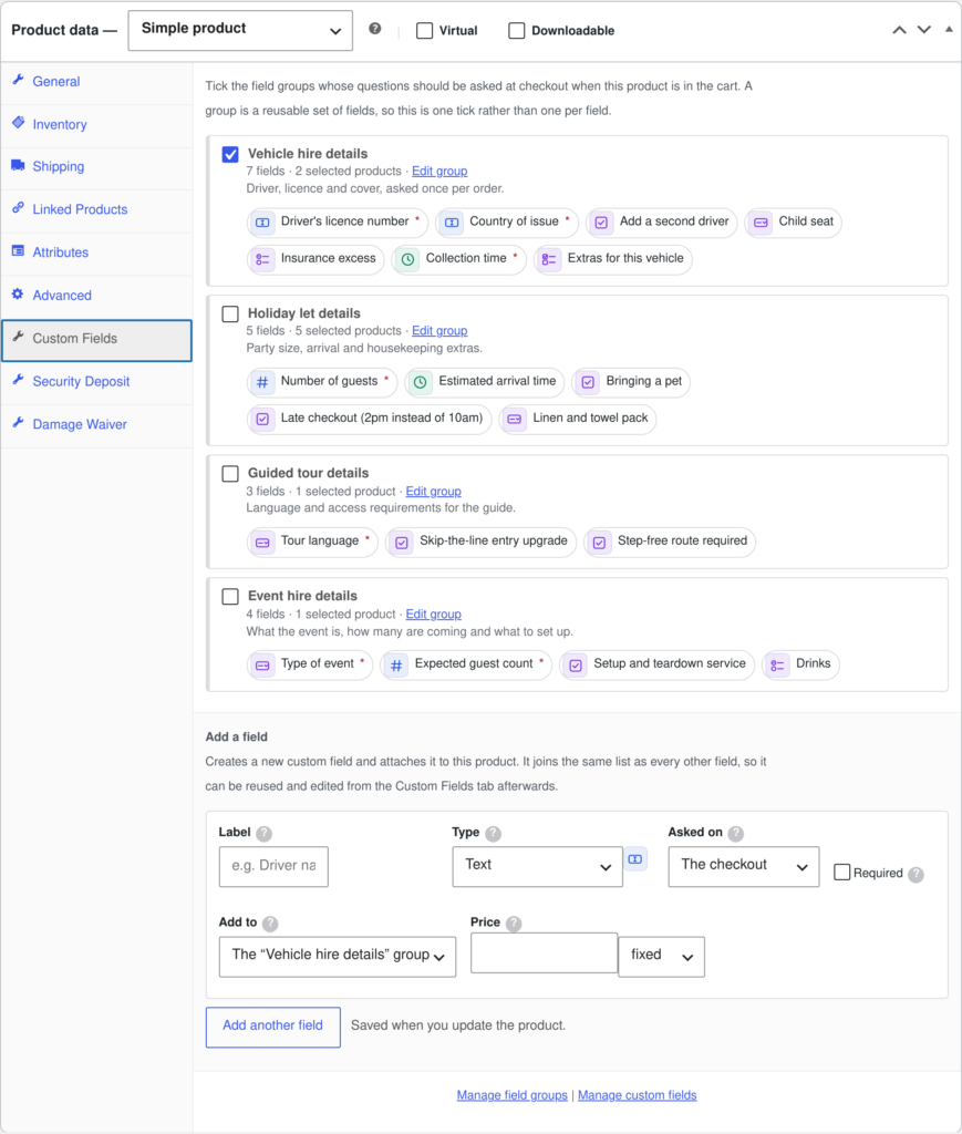 The Custom Fields tab in the WooCommerce product data box, applying field groups to a rental product and adding a new field