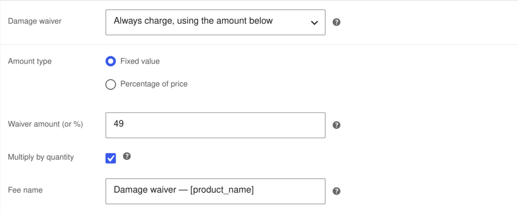 The Damage Waiver tab in the WooCommerce product data box, overriding the global waiver for one rental product