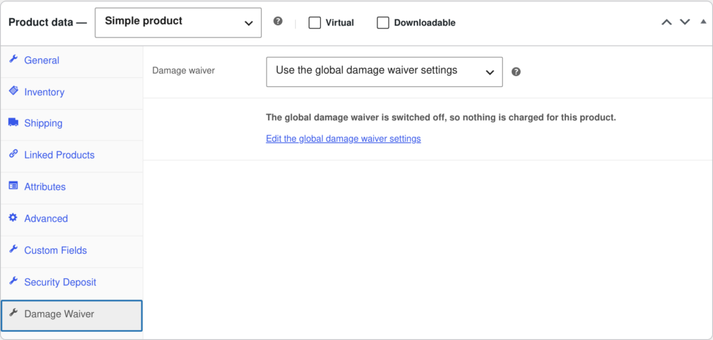 The Damage Waiver tab in the WooCommerce product data box, overriding the global waiver for one rental product