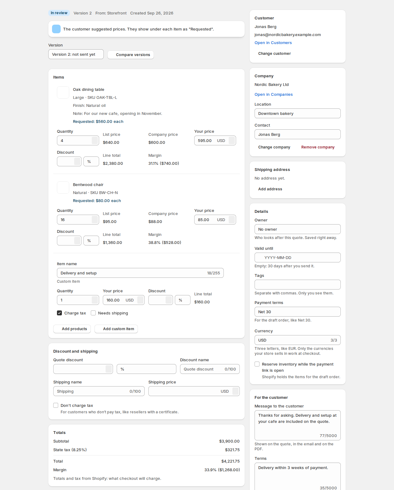 Quote editor for Q-1046 with the company Nordic Bakery Ltd, its location Downtown bakery and contact Jonas Berg, company prices of 0.00 and .00 next to the list prices, a margin on each line and on the quote, and payment terms Net 30