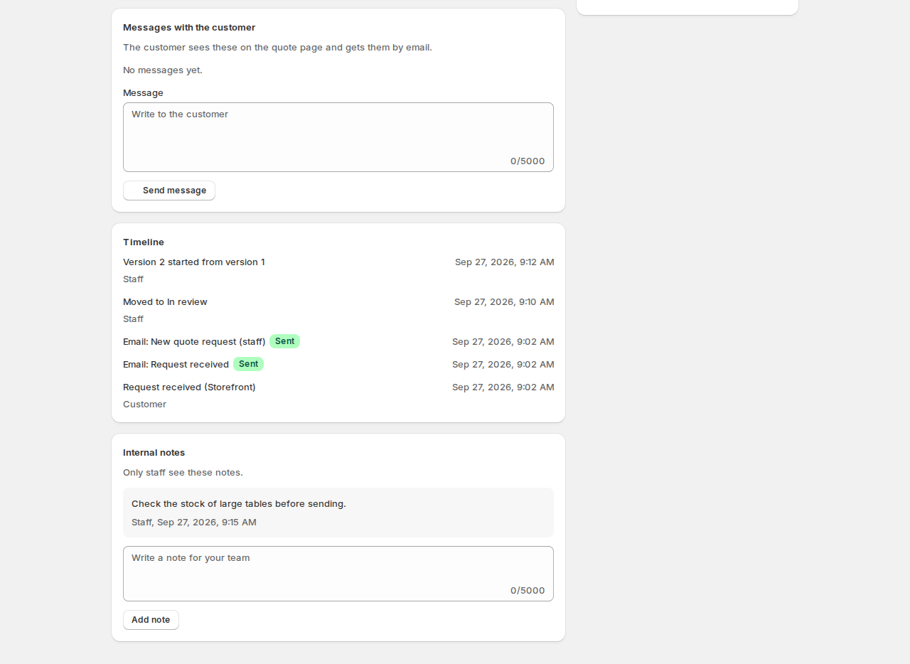 Lower part of the quote editor with Messages with the customer, a Timeline listing the request, emails sent with their status, the move to in review and version 2, and Internal notes with a staff note