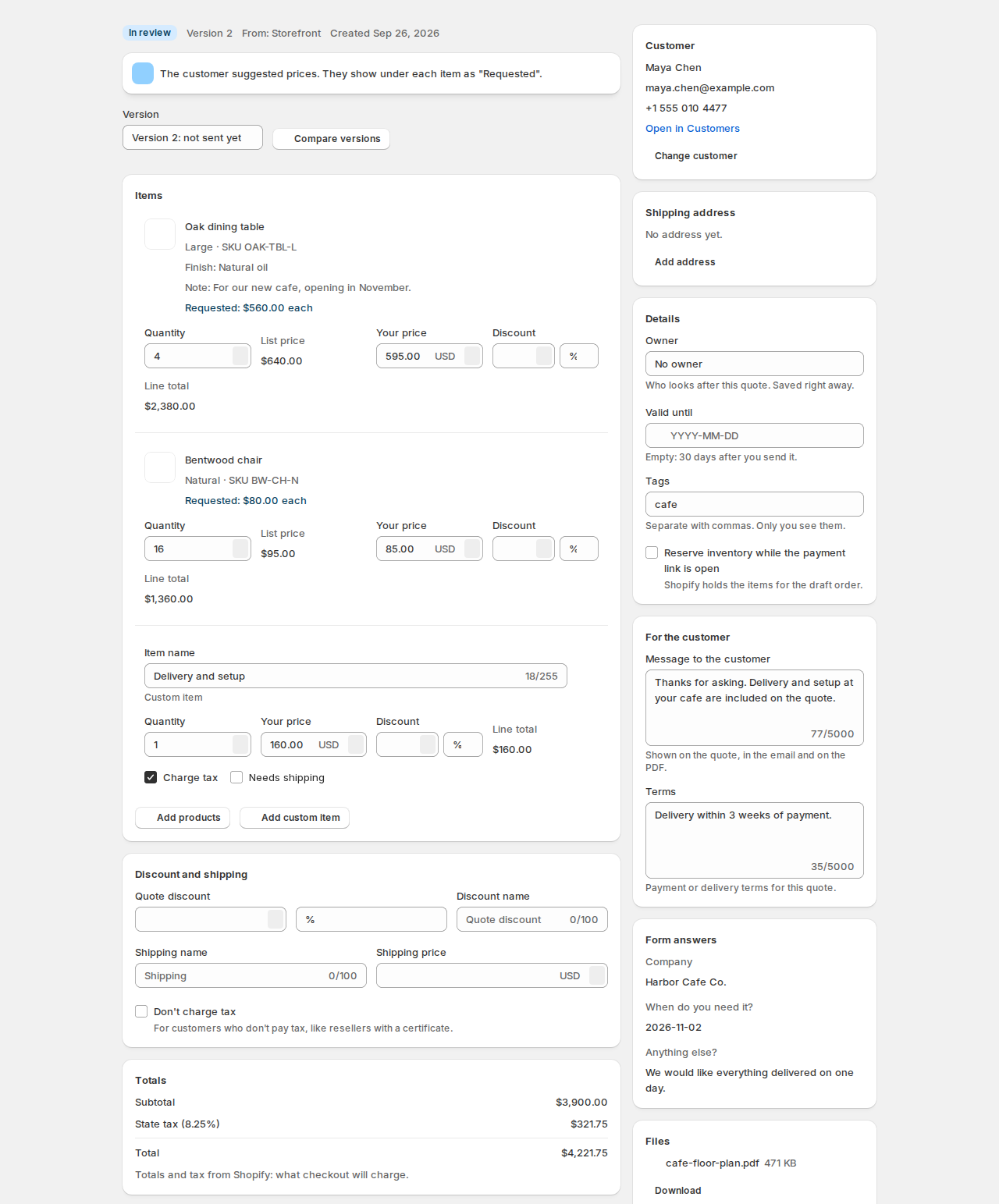 Quote editor for Q-1048 in review, version 2, with items Oak dining table at your price 595 against a requested 560, Bentwood chair at 85 against 80, a custom item Delivery and setup, the discount and shipping section, and totals from Shopify with state tax; on the right the customer, shipping address, details, message and terms, form answers and files