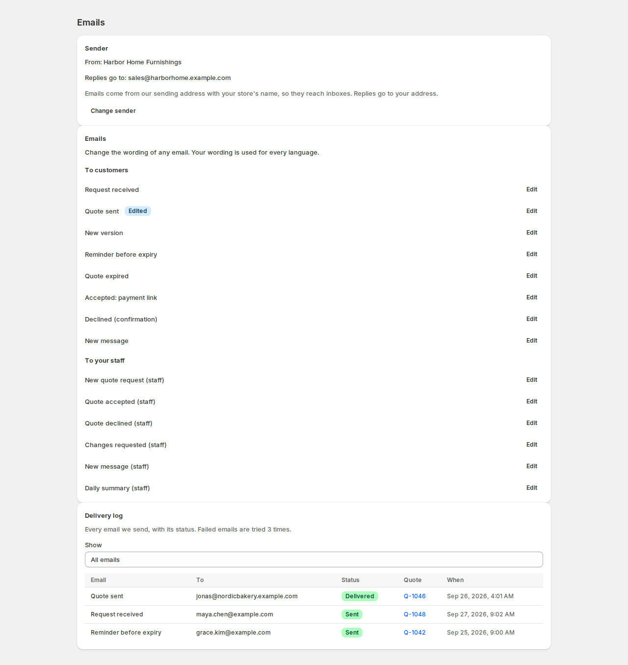 Emails page with the sender, the list of emails to customers and to staff with an Edited badge on Quote sent, and a delivery log showing three recent emails with their status