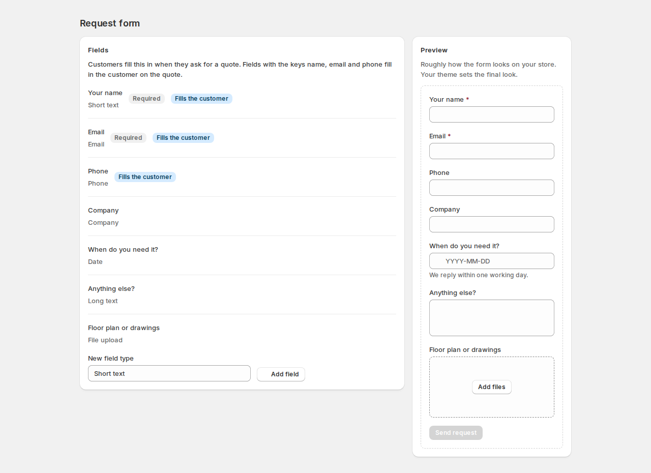 Request form page with fields Your name and Email marked Required and Fills the customer, Phone, Company, When do you need it, Anything else and a file upload, an Add field control, and a preview of the form on the right