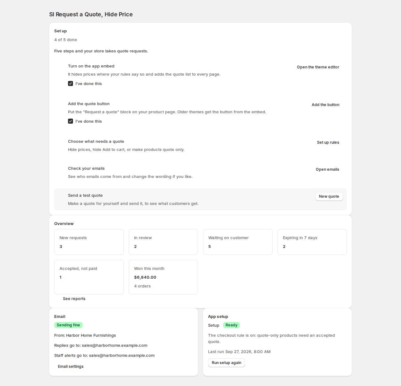 SI Request a Quote home page with the setup guide at 4 of 5 done, overview cards for new requests, in review, waiting on customer, expiring in 7 days, accepted not paid and won this month, and cards for email health and app setup
