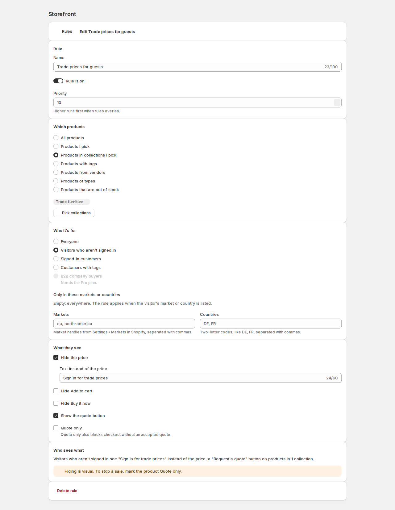Rule editor for Trade prices for guests: rule name, rule is on, priority 10, products in collections I pick with the collection Trade furniture, visitors who aren't signed in, hide the price with the text Sign in for trade prices, show the quote button, and the sentence saying who sees what