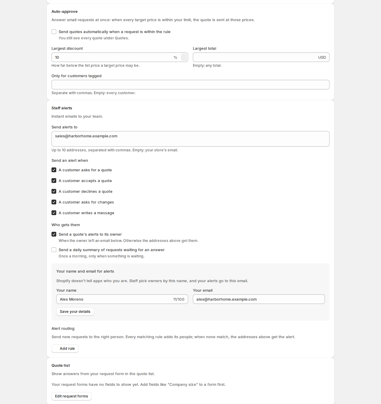 Settings with auto-approve, staff alerts sent to a sales address, the events that send an alert, owner alerts, the daily summary, your name and email for alerts, alert routing and the quote list columns