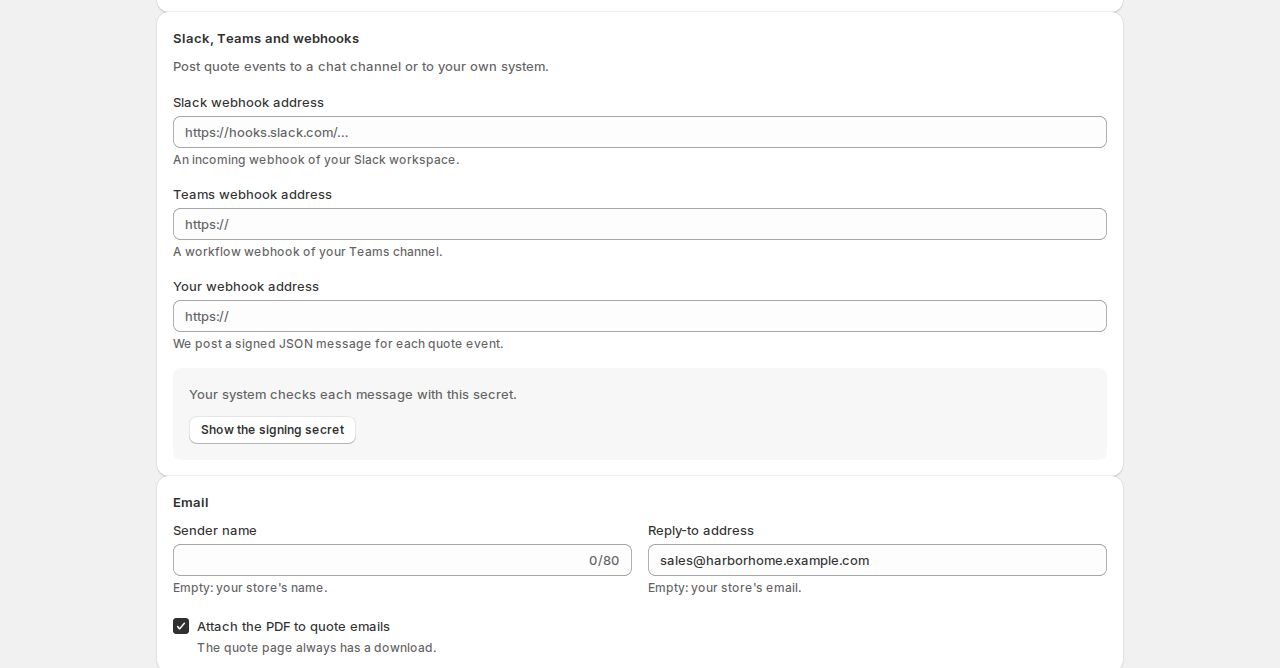 Settings section Slack, Teams and webhooks with fields for a Slack webhook address, a Teams webhook address and your own webhook address, and a button to show the signing secret