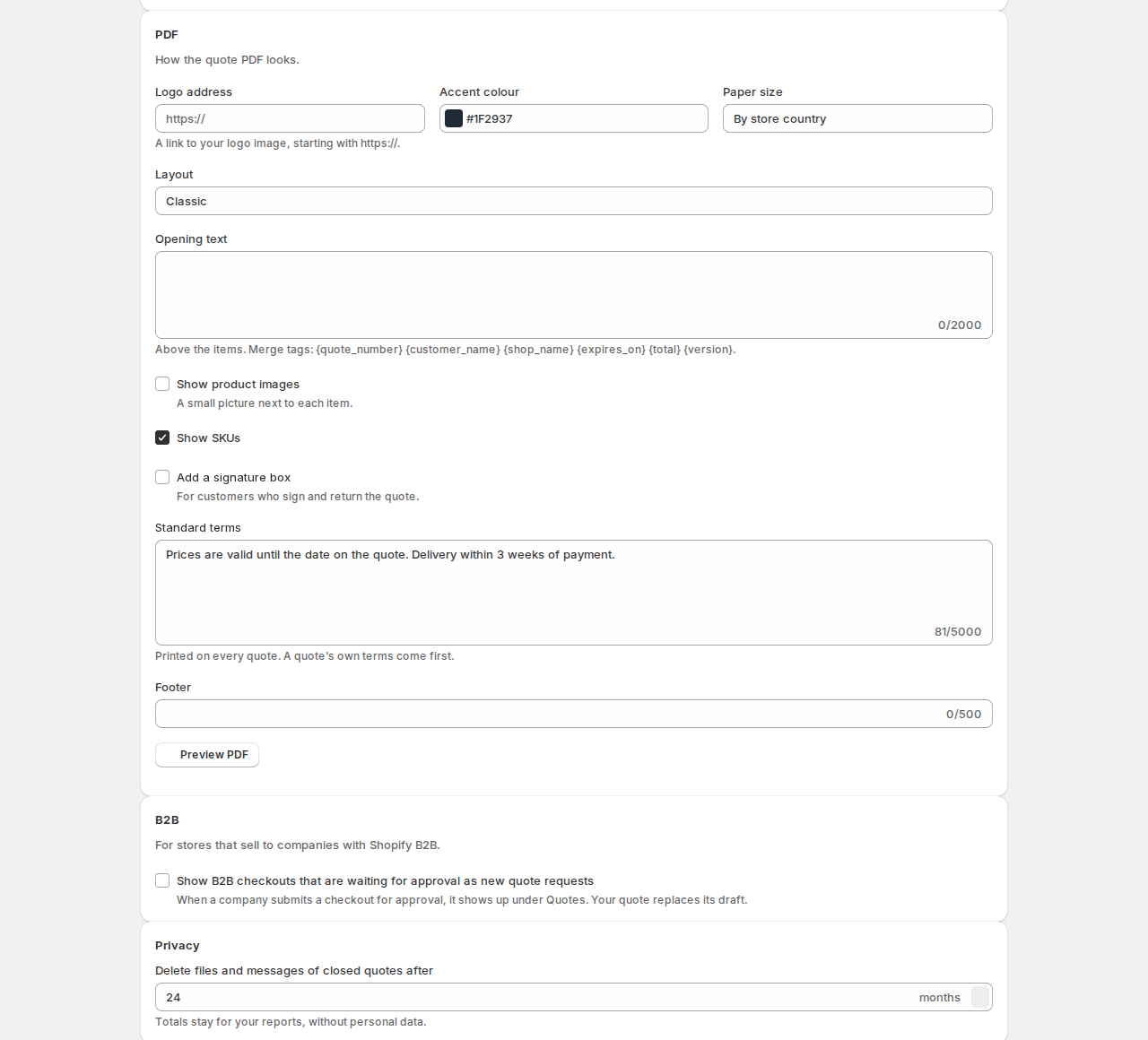 PDF settings with a logo address, accent colour, paper size by store country, the Classic layout, opening text, show product images, show SKUs, add a signature box, standard terms, footer and a Preview PDF button