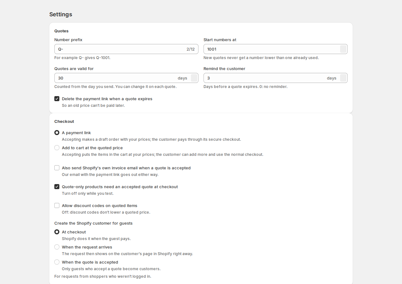 Settings page of SI Request a Quote with number prefix Q-, start numbers at 1001, quotes valid for 30 days, remind the customer 3 days before, delete the payment link when a quote expires, and the checkout options including a payment link or add to cart at the quoted price and creating the Shopify customer for guests