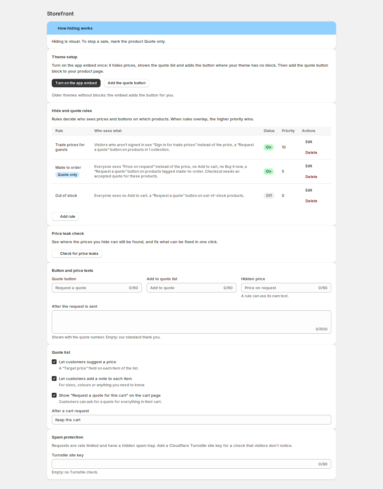 Storefront page of the app with the How hiding works note, theme setup buttons, a rules table with Trade prices for guests, Made to order marked Quote only, and Out of stock turned off, then the button and price texts, quote list options and spam protection