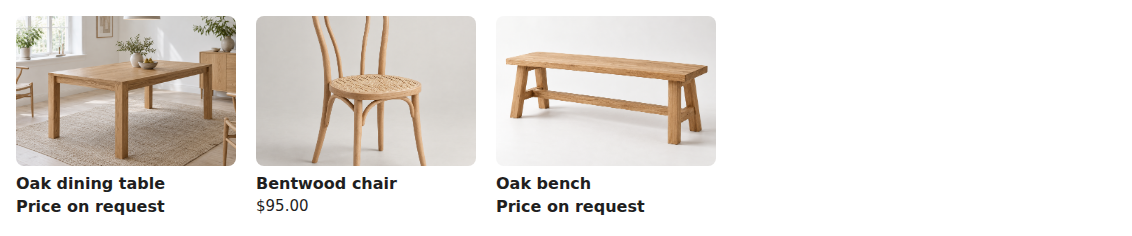 Collection page cards for an oak dining table, a bentwood chair at .00 and an oak bench, with the table and the bench showing Price on request instead of a price