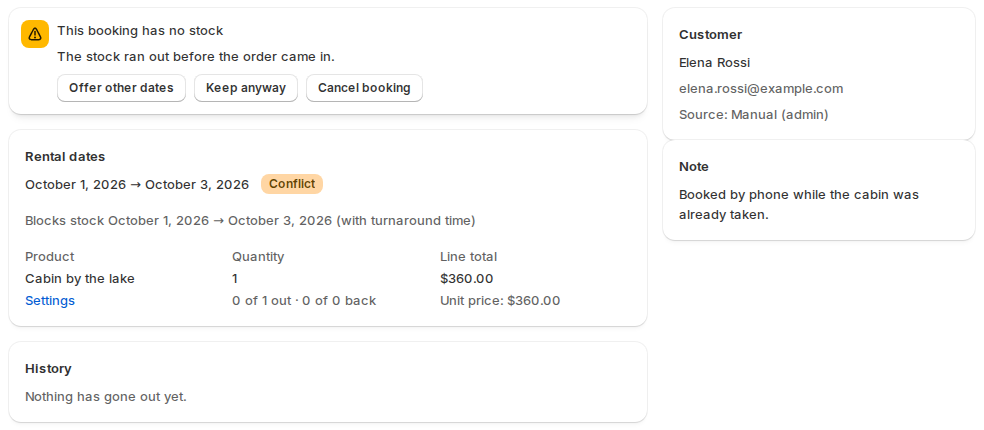 A booking for a cabin marked Conflict because the stock ran out before the order came in, with Offer other dates, Keep anyway and Cancel booking buttons