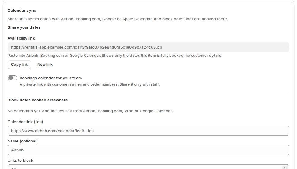 The Calendar sync card on a product’s rental settings: an availability link to paste into Airbnb or Booking.com, and a field to add a calendar link from elsewhere