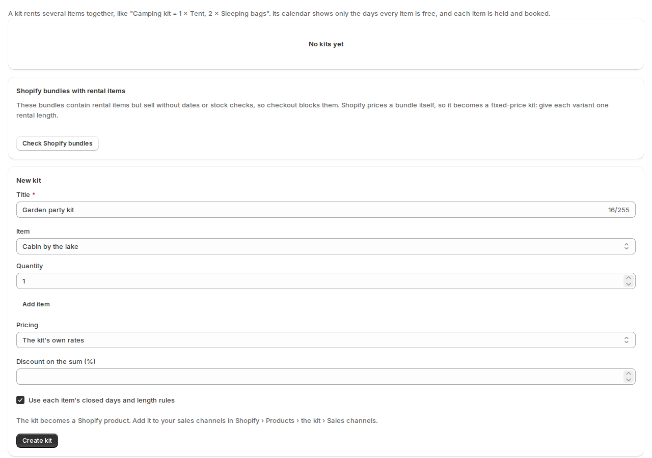 The Kits page with the explanation of kits, a Shopify bundles check, and the New kit form with a title, items and quantities, pricing, a discount on the sum and Use each item's closed days and length rules